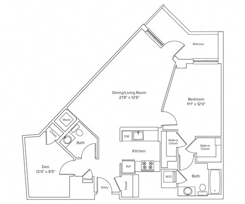Floor plan for 1 bed, 1.5 baths, 998 sqft